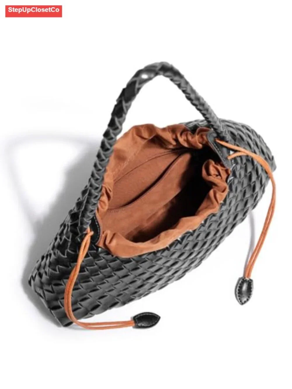 Woven Hobo Shoulder Bag Faux Leather Slouchy Tote Handbag Drawstring